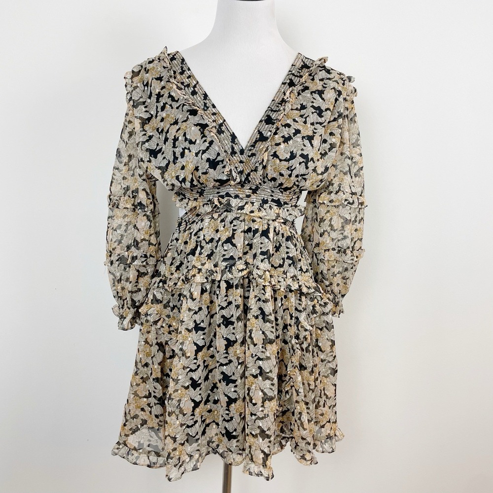 Anthropologie V-Neck Ruffle Cut-Out Back Mini Dress Sz Small Sexy Tiered Floral